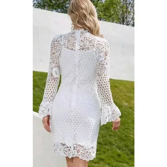 EILLY BAZAR White Guipure Lace Size M Women's Dress Flounce Sleeve NEW #C - Picture 3 of 10